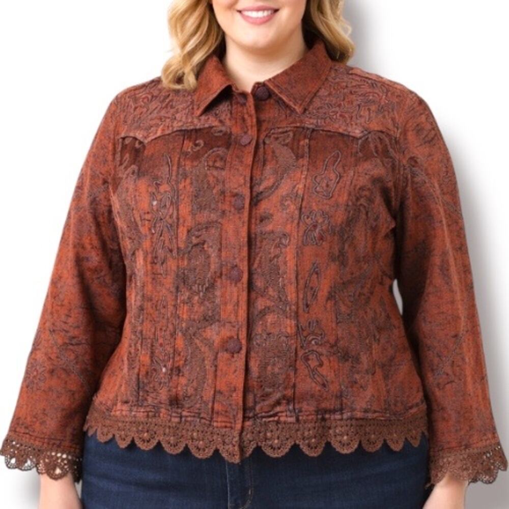 Flashback Embroidered Jacket Plus Size Vintage 3X Rust Brown Boho‎ Lace Hem